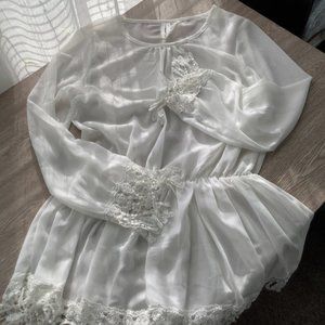 Sheer White Chiffon Blouse Size: Medium with Crocheted Trim